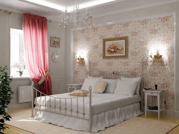 Provencal bedroom interior metal bed frame accent wall floral wallpaper