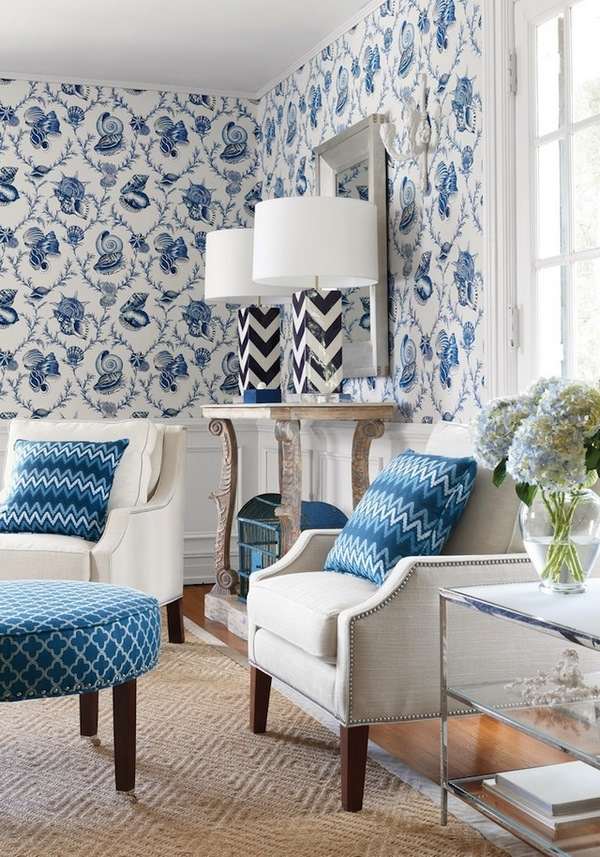 blue white interior wallpaper furniture decorative pillows