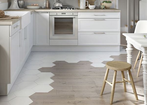 combined kitchen flooring hexagon tiles creative design ideas