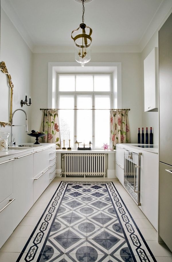 galley kitchen encaustic floor tile ideas white cabinets