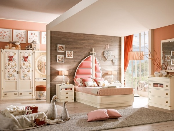 marine theme decoration in girls bedroom white furniture pink accent color