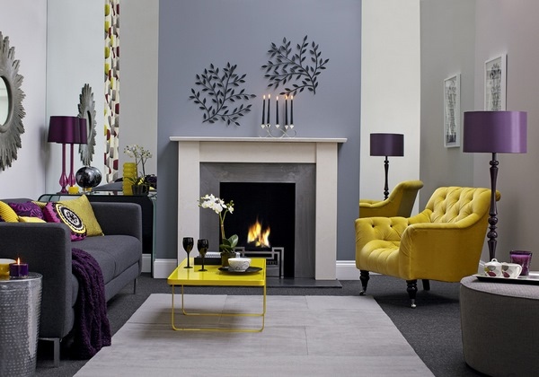 modern grey yellow purple living room design