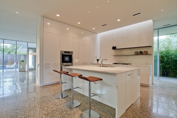 modern kitchen design white cabinets terrazzo flooring recessed lights