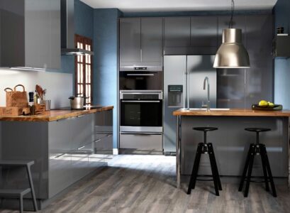 modern-small-kitchen-ideas-gray-cabinets-glossy-finish-wood-countertops