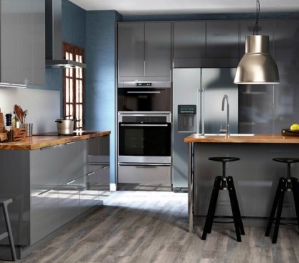 modern-small-kitchen-ideas-gray-cabinets-glossy-finish-wood-countertops