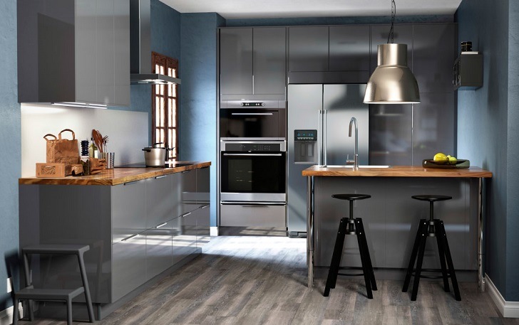 modern small kitchen ideas gray cabinets glossy finish wood countertops
