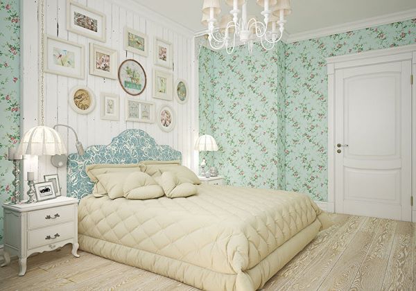provence bedroom interior ideas accent wall floral wallpaper wood flooring