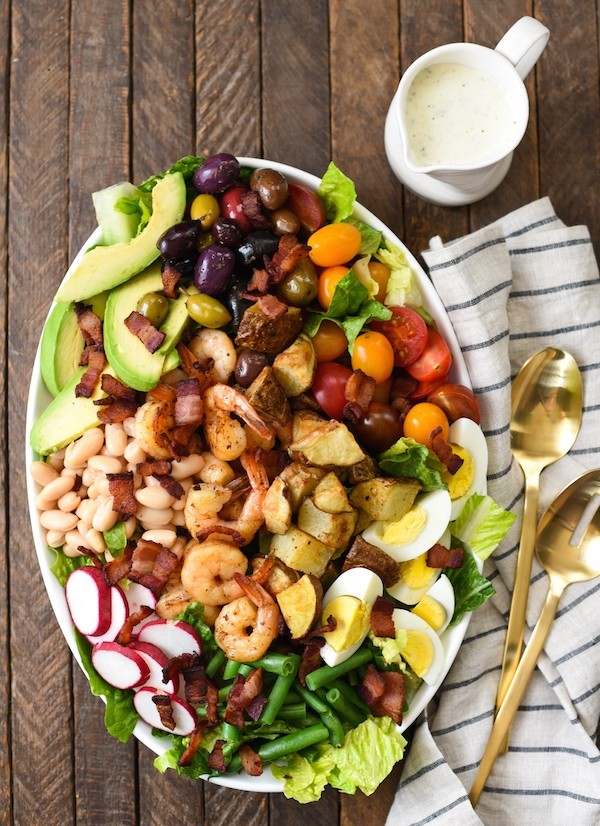 salad with shrimp roasted potatoes and boiled eggs