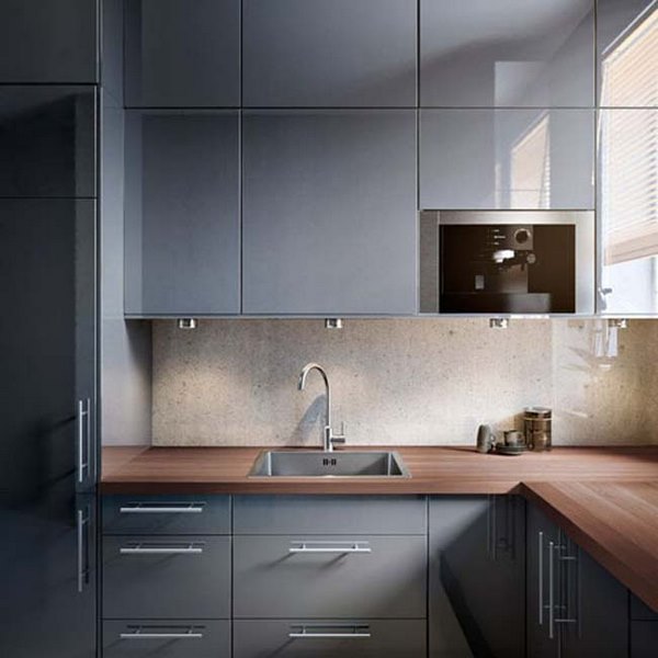 small kitchen design gray cabinets wood countertops