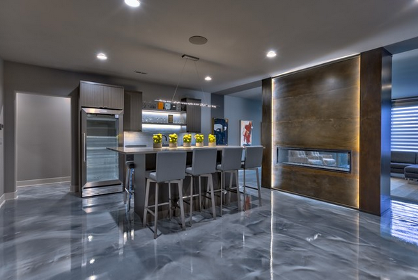 spectacular metallic epoxy floor in contemporary kitchen