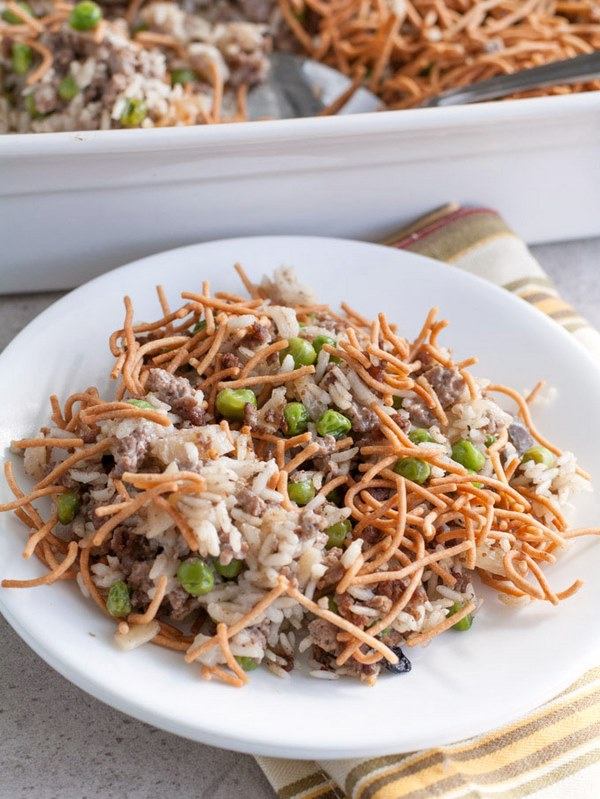 Asian style ground beef rice and noodle casserole