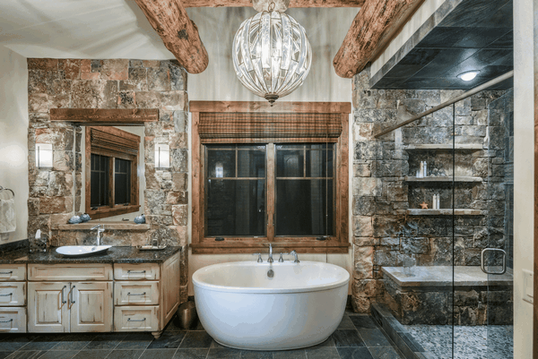 Bathroom design rustic decor soaking tub shower enclosure glass doors