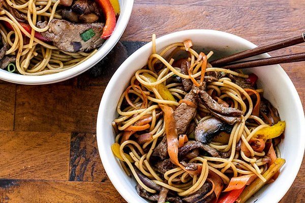 Beef and vegetables noodle soup tasty bowls