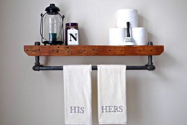DIY bathroom shelf wood and water pipes rustic industrial style decor