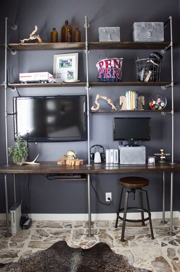 DIY home office man cave furniture ideas pipe shelving wood planks