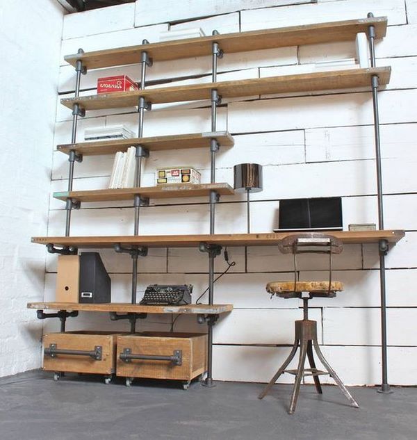 DIY home office shelving system and desk water pipes and wood planks