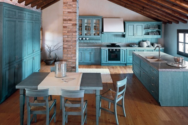 amazing blue rustic kitchen exposed ceiling beams wood flooring