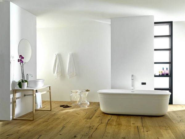 bathroom decorating ideas elegant freestanding bathtub wood flooring
