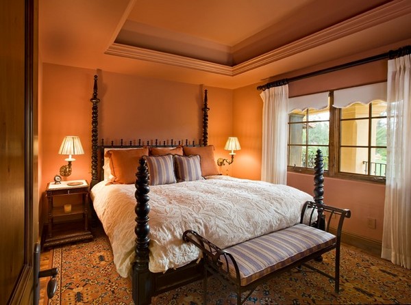 bedroom decorating ideas orange wall paint poster bed