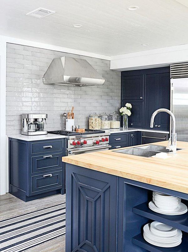 blue kitchen cabinets ideas tile backsplash wood countertop