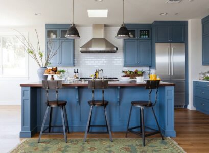 blue-kitchen-design-cabinets-ideas-wood-flooring-area-rug