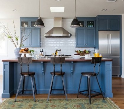 blue-kitchen-design-cabinets-ideas-wood-flooring-area-rug
