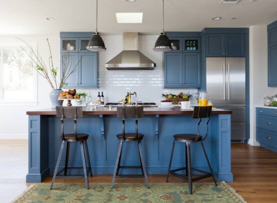 blue-kitchen-design-cabinets-ideas-wood-flooring-area-rug