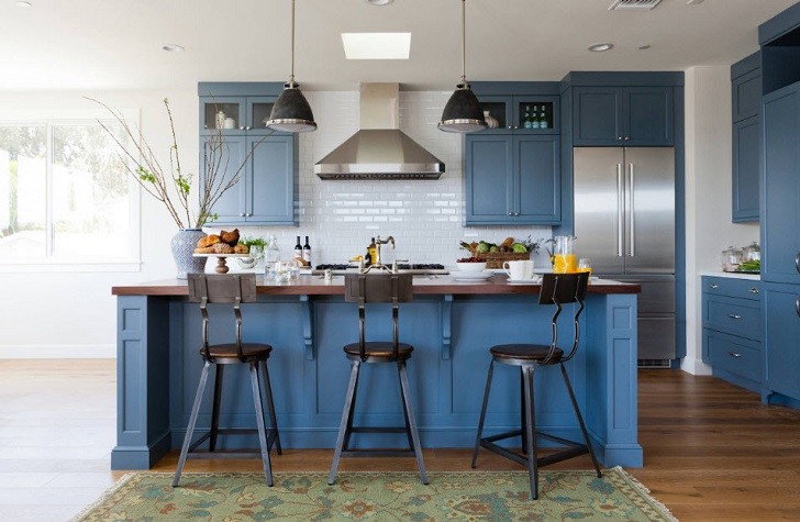 blue kitchen design cabinets ideas wood flooring area rug