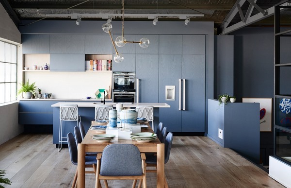 blue kitchen industrial style decorating ideas wood flooring