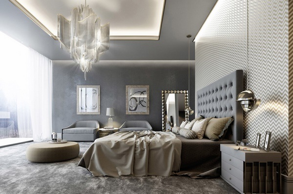 contemporary bedroom color schemes gray wall color tufted headboard