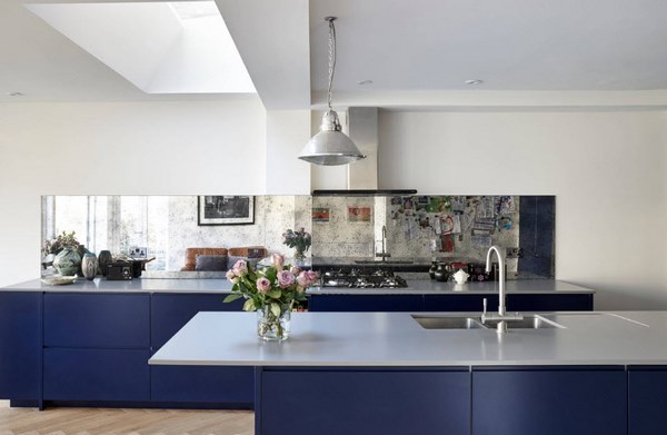 contemporary kitchen ideas with blue cabinets and white countertops
