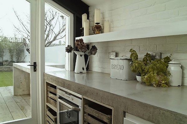 eclectic kitchen design concrete cabinets brick backspalsh