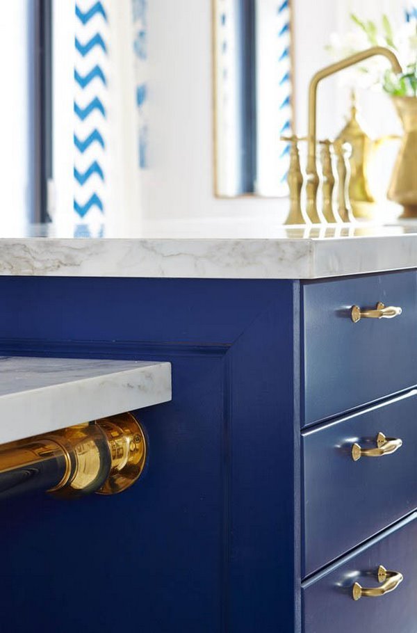 kitchen cabinets ideas royal blue gold hardware marble countertop