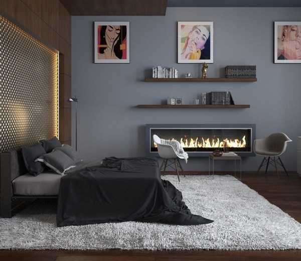 modern bedroom color scheme ideas gray wall paint linear fireplace