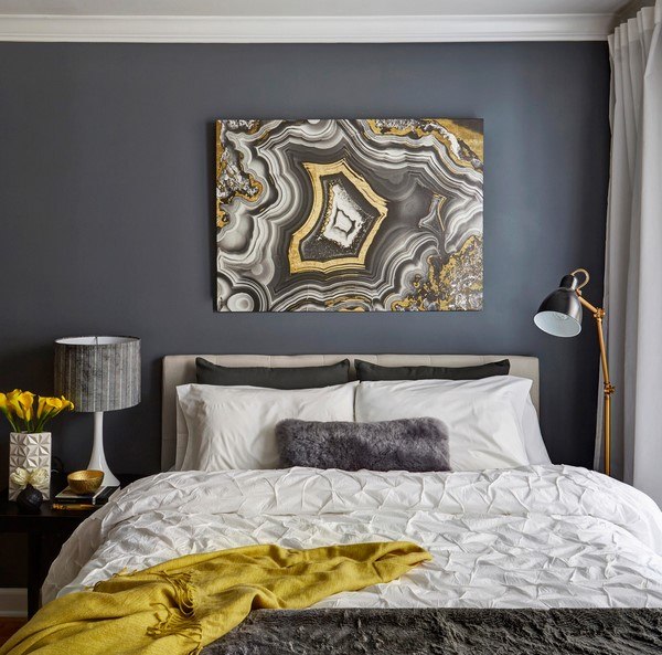 modern bedroom decorating ideas gray wall paint yellow accents