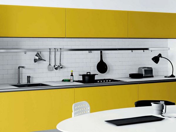 modern kitchen design ideas yellow cabinets white backsplash black accents