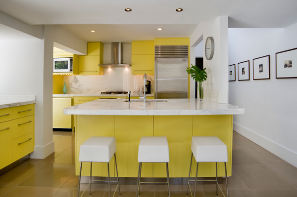 modern kitchen interior design in white and yellow