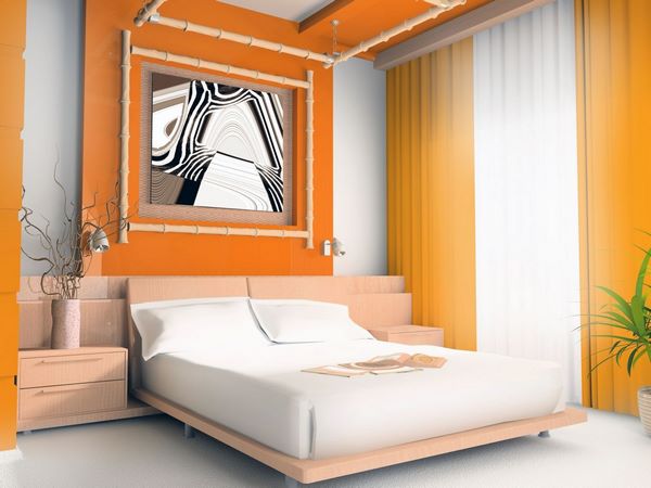 orange accent wall in master bedroom wall art