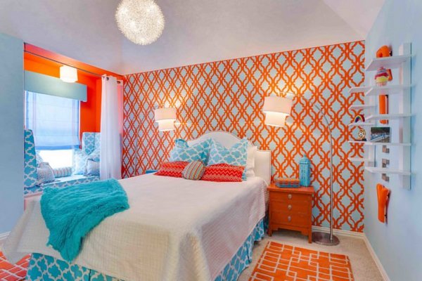 original accent wall orange and blue colors in bedroom design