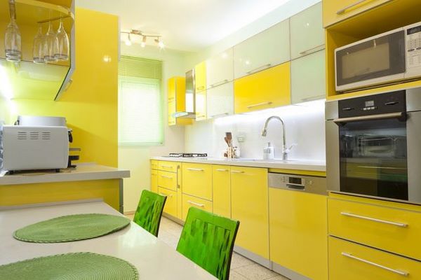small kitchen design ideas yellow and white color scheme green accents