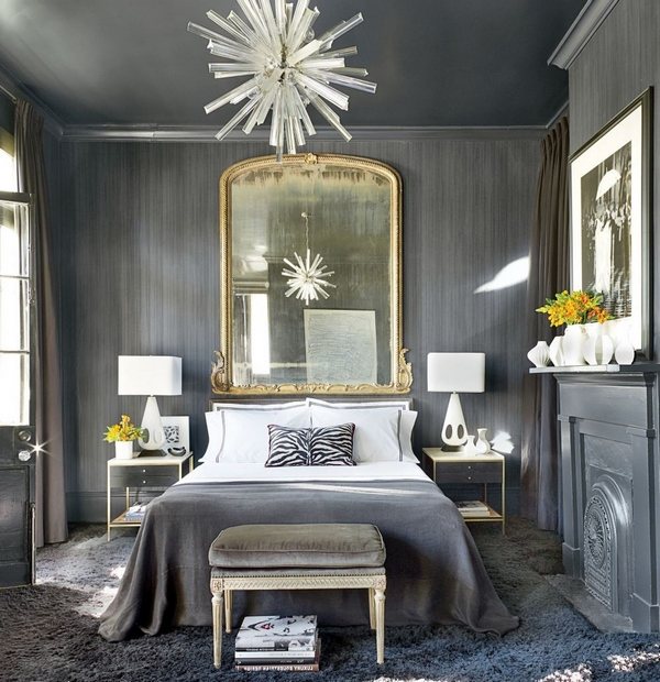 stunning gray bedroom design ideas large wall mirror beautiful chandelier