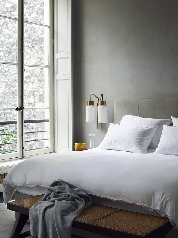 trendy bedroom colors gray wall paint and bed headboard wooden bench