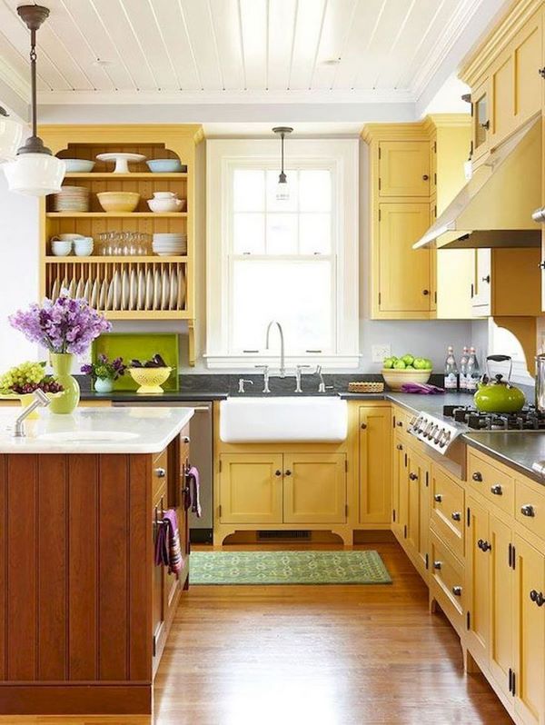 yellow kitchen ideas farmhouse sink wood flooring