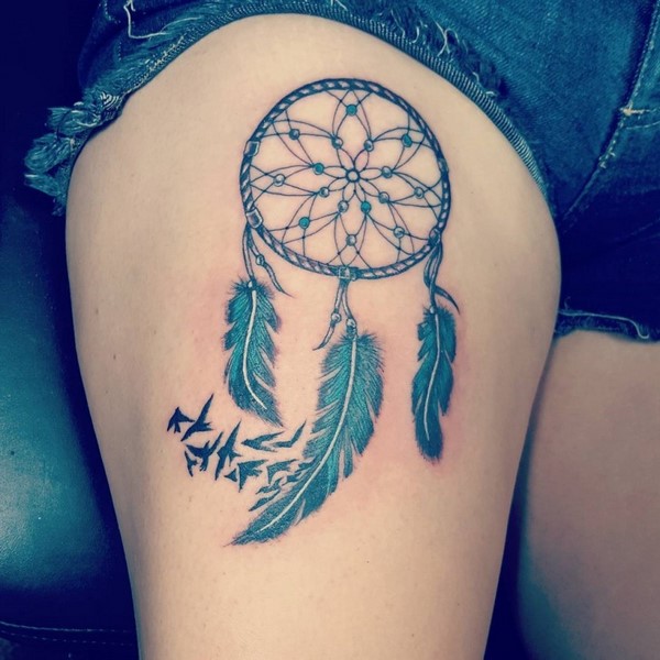 Dreamcatcher thigh tattoo feather and birds