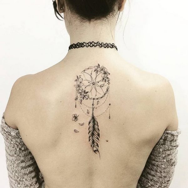 Mysterious dreamcatcher back tattoos ideas for men and women