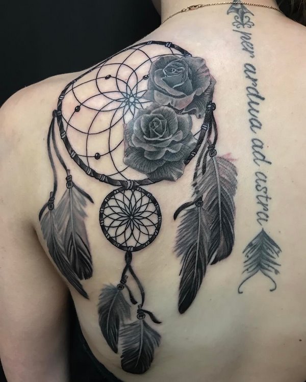 amazing back tattoos for women dream catcher and roses