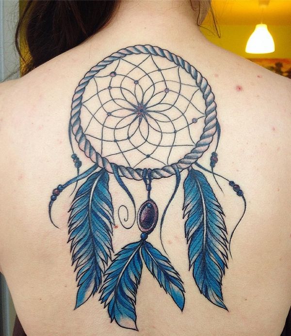 back tattoo design ideas for women dream catcher blue feathers