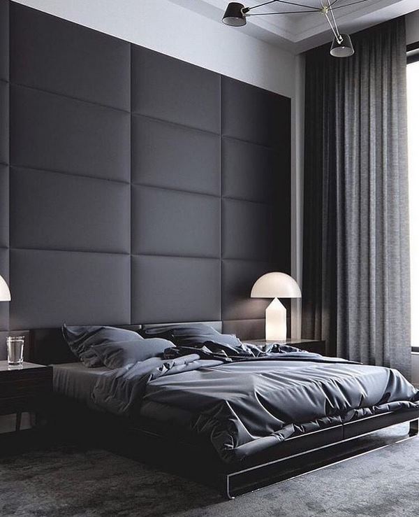contemporary bedroom black accent wall upholstered panels