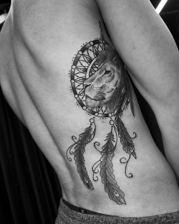 dreamcatcher-and-lion-ribs-and-back-tattoo-for-men