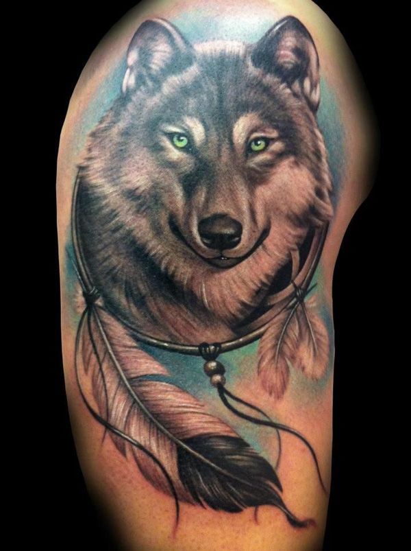dreamcatcher and wolf tattoo ideas for men